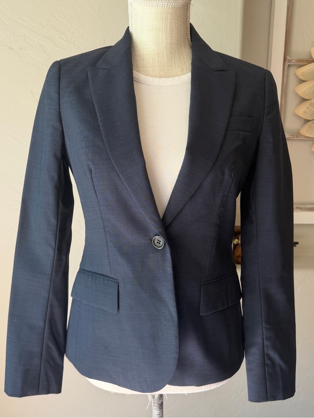 Theory Women's Wool Blend Dark Navy Single-Button Blazer Jacket Size 2